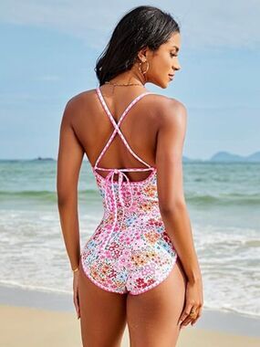 Womens One Piece Swimsuit Tummy Control Modest Floral Pink